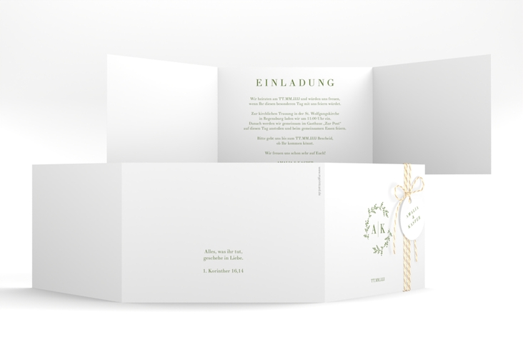 Hochzeitseinladung Filigrana A6 Doppel-Klappkarte gruen in reduziertem Design mit Initialen und zartem Blätterkranz