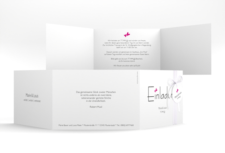 Hochzeitseinladung Twohearts A6 Doppel-Klappkarte pink hochglanz