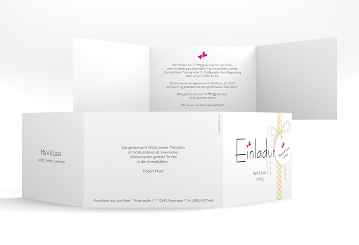 Hochzeitseinladung Twohearts A6 Doppel-Klappkarte pink hochglanz