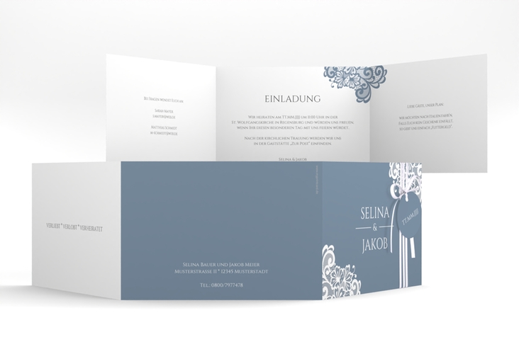 Hochzeitseinladung Vintage A6 Doppel-Klappkarte blau mit floraler Spitze