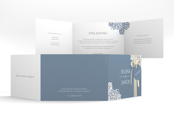 Hochzeitseinladung Vintage A6 Doppel-Klappkarte blau mit floraler Spitze