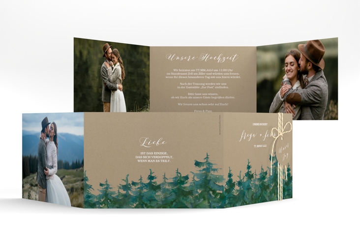 Hochzeitseinladung Evergreen A6 Doppel-Klappkarte Kraftpapier
