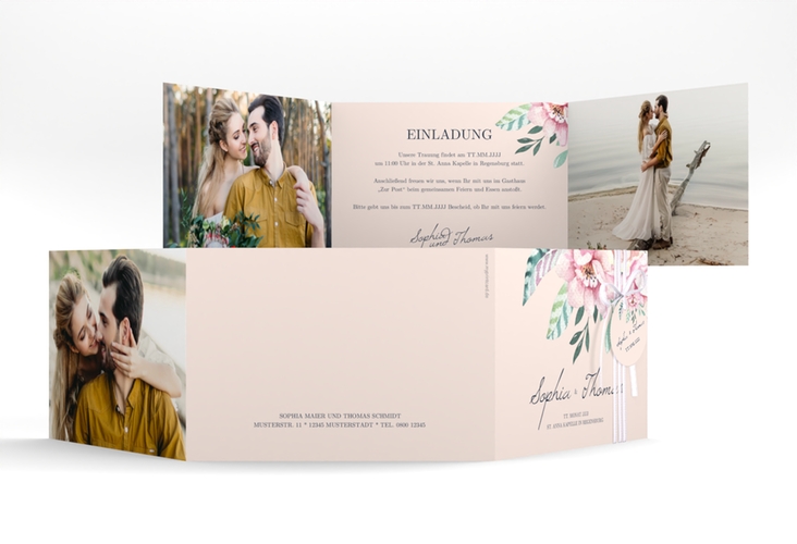 Hochzeitseinladung Blooming A6 Doppel-Klappkarte rosa