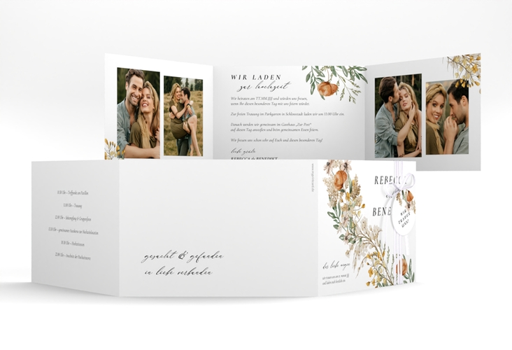Hochzeitseinladung Wildfang A6 Doppel-Klappkarte weiss hochglanz mit getrockneten Wiesenblumen