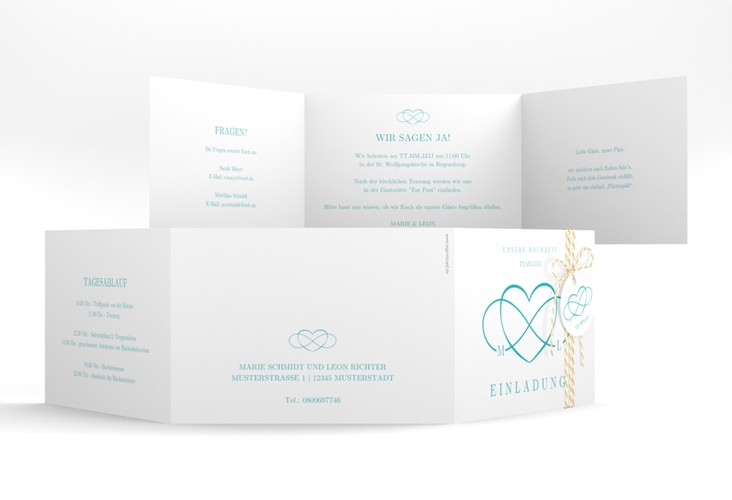 Hochzeitseinladung Infinity A6 Doppel-Klappkarte tuerkis hochglanz