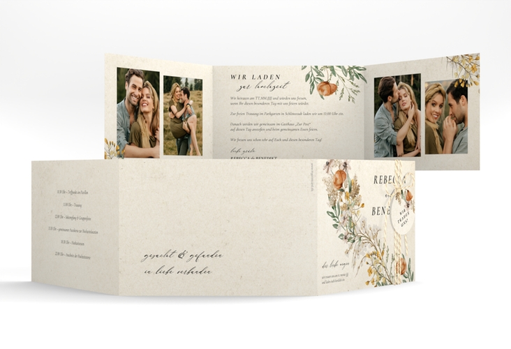 Hochzeitseinladung Wildfang A6 Doppel-Klappkarte beige hochglanz mit getrockneten Wiesenblumen