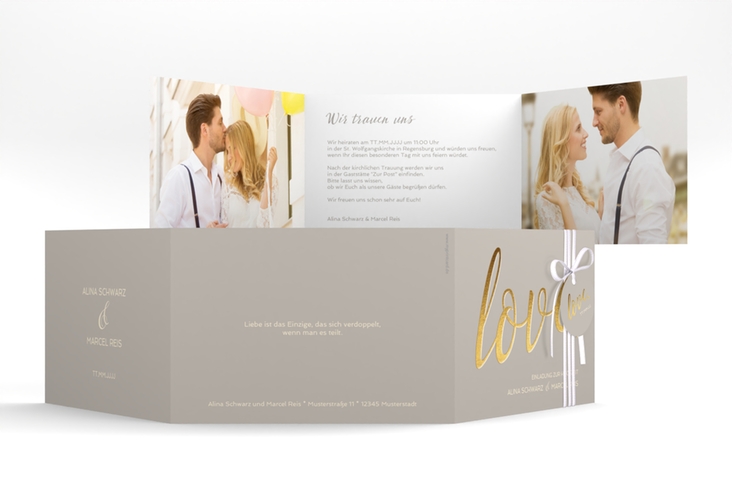 Hochzeitseinladung Glam A6 Doppel-Klappkarte grau hochglanz
