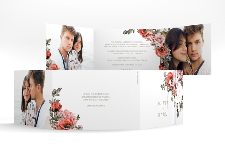 Hochzeitseinladung Grazioso A6 Doppel-Klappkarte weiss modern mit Mohnblumen und Rosen