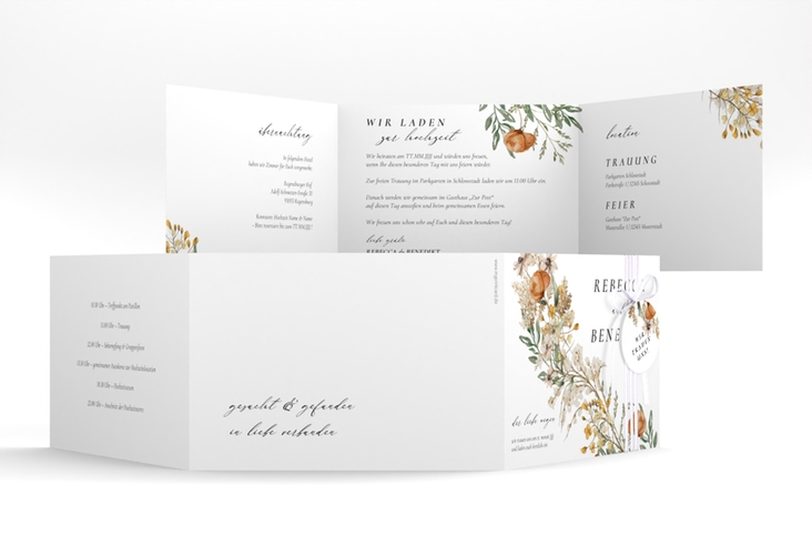 Hochzeitseinladung Wildfang A6 Doppel-Klappkarte weiss hochglanz mit getrockneten Wiesenblumen