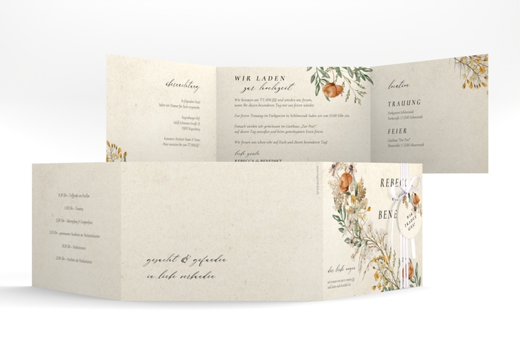 Hochzeitseinladung Wildfang A6 Doppel-Klappkarte beige mit getrockneten Wiesenblumen