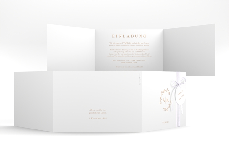 Hochzeitseinladung Filigrana A6 Doppel-Klappkarte beige in reduziertem Design mit Initialen und zartem Blätterkranz