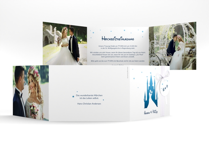 Hochzeitseinladung Castle A6 Doppel-Klappkarte blau