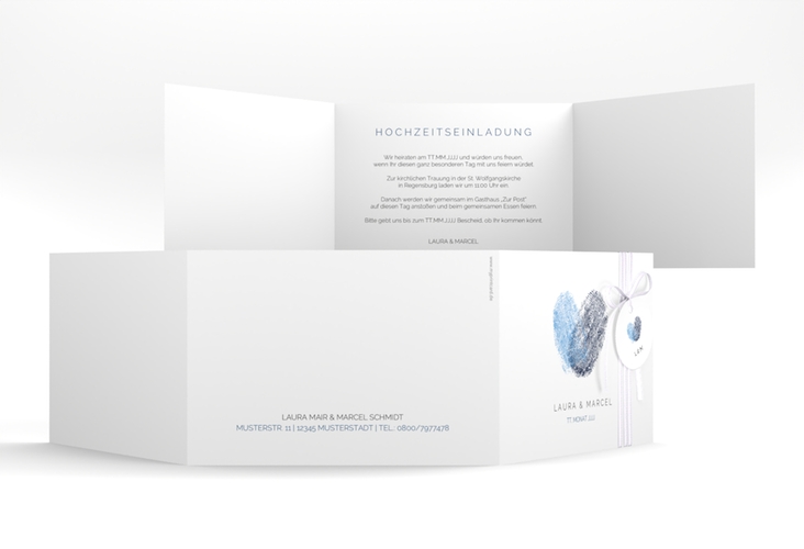 Hochzeitseinladung Fingerprint A6 Doppel-Klappkarte blau hochglanz schlicht mit Fingerabdruck-Motiv