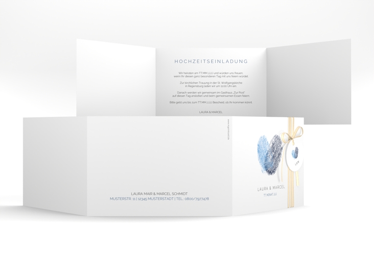 Hochzeitseinladung Fingerprint A6 Doppel-Klappkarte blau schlicht mit Fingerabdruck-Motiv