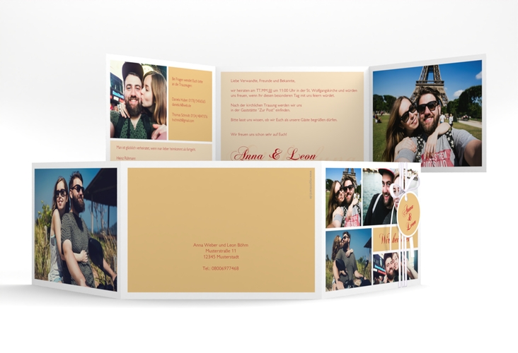 Hochzeitseinladung Collage A6 Doppel-Klappkarte apricot