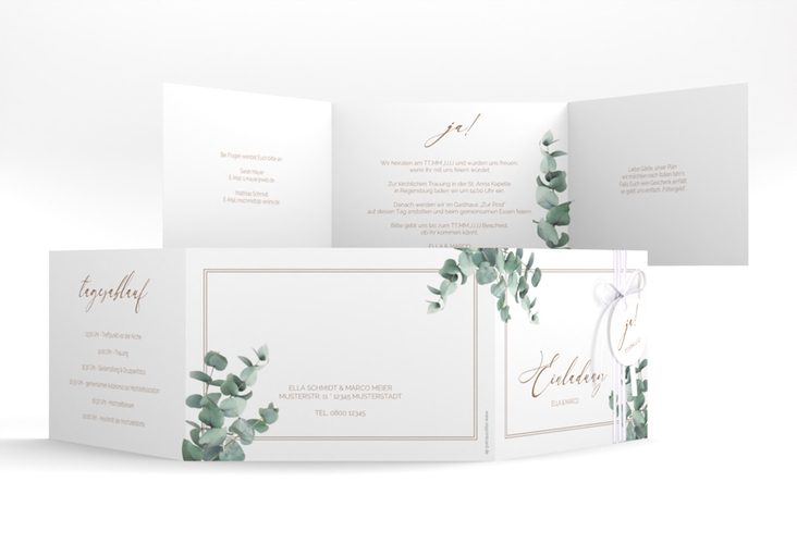 Hochzeitseinladung Eucalypt A6 Doppel-Klappkarte weiss mit Eukalyptus und edlem Rahmen