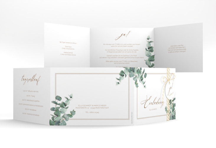 Hochzeitseinladung Eucalypt A6 Doppel-Klappkarte weiss mit Eukalyptus und edlem Rahmen