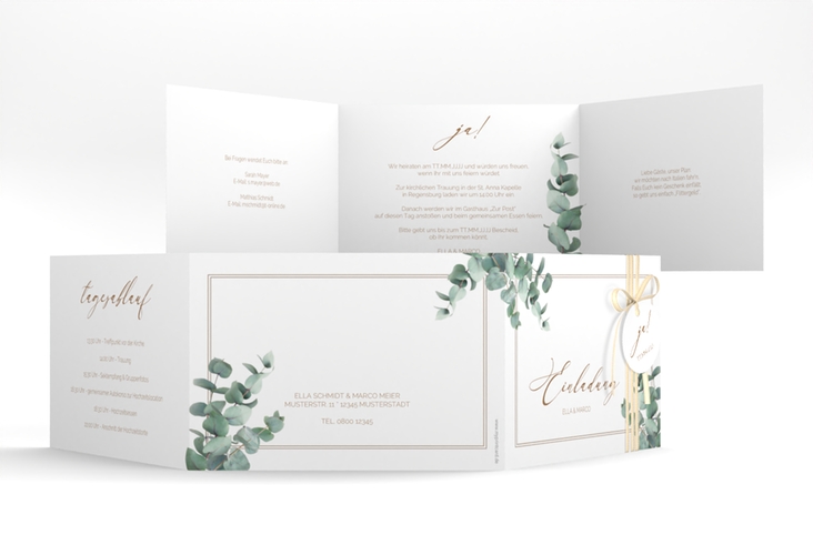 Hochzeitseinladung Eucalypt A6 Doppel-Klappkarte weiss mit Eukalyptus und edlem Rahmen