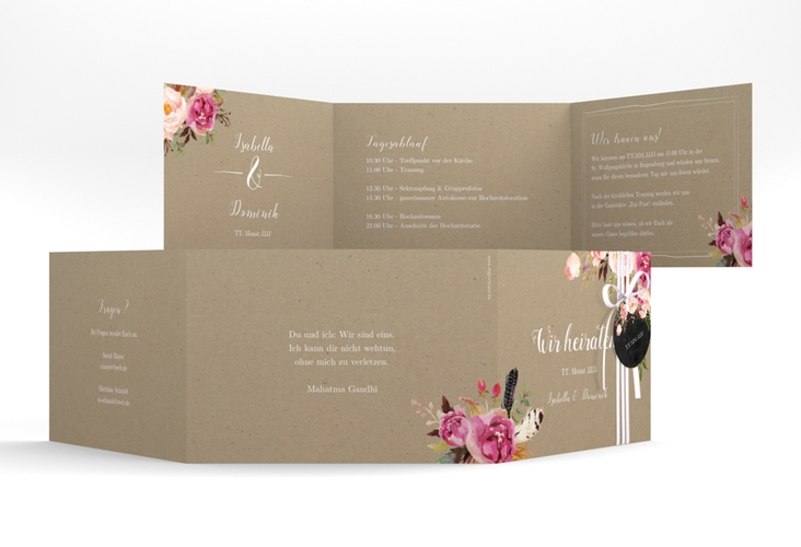 Hochzeitseinladung Flowers A6 Doppel-Klappkarte Kraftpapier hochglanz mit bunten Aquarell-Blumen
