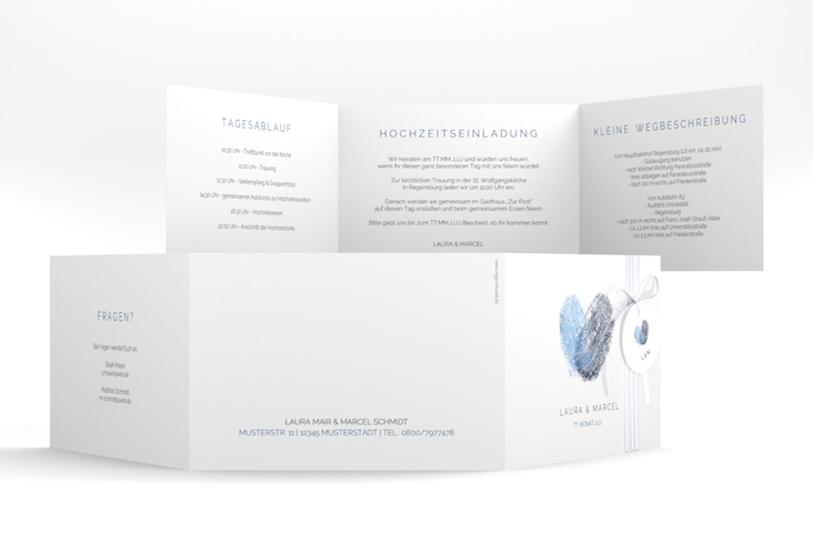 Hochzeitseinladung Fingerprint A6 Doppel-Klappkarte blau hochglanz schlicht mit Fingerabdruck-Motiv