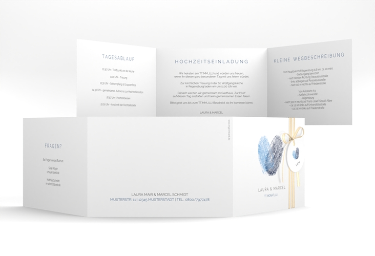 Hochzeitseinladung Fingerprint A6 Doppel-Klappkarte blau hochglanz schlicht mit Fingerabdruck-Motiv