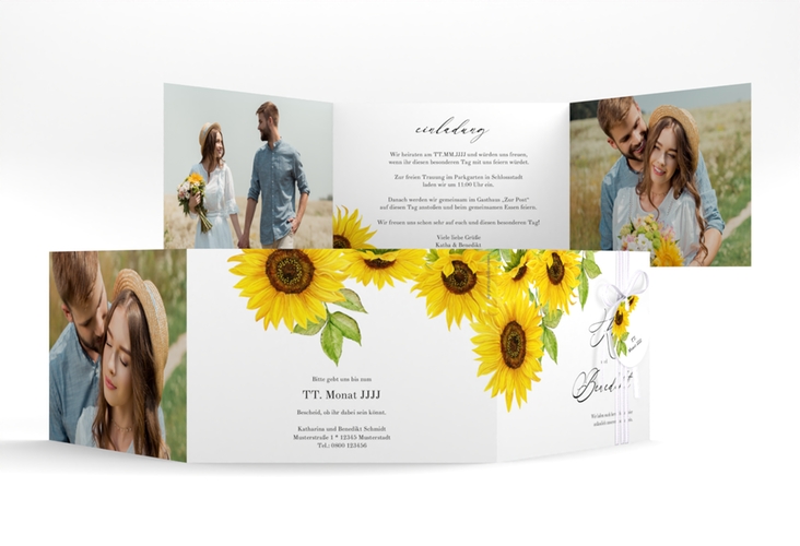 Hochzeitseinladung Sonnenblume A6 Doppel-Klappkarte weiss