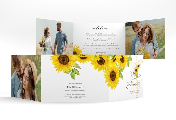 Hochzeitseinladung Sonnenblume A6 Doppel-Klappkarte weiss