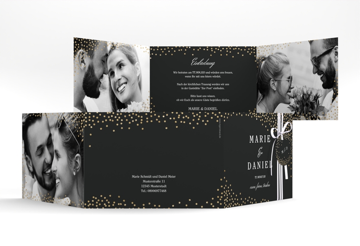 Hochzeitseinladung Glitter A6 Doppel-Klappkarte schwarz hochglanz