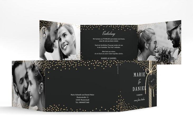 Hochzeitseinladung Glitter A6 Doppel-Klappkarte schwarz hochglanz
