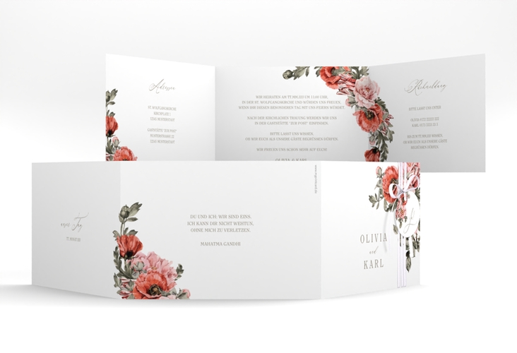 Hochzeitseinladung Grazioso A6 Doppel-Klappkarte weiss hochglanz modern mit Mohnblumen und Rosen