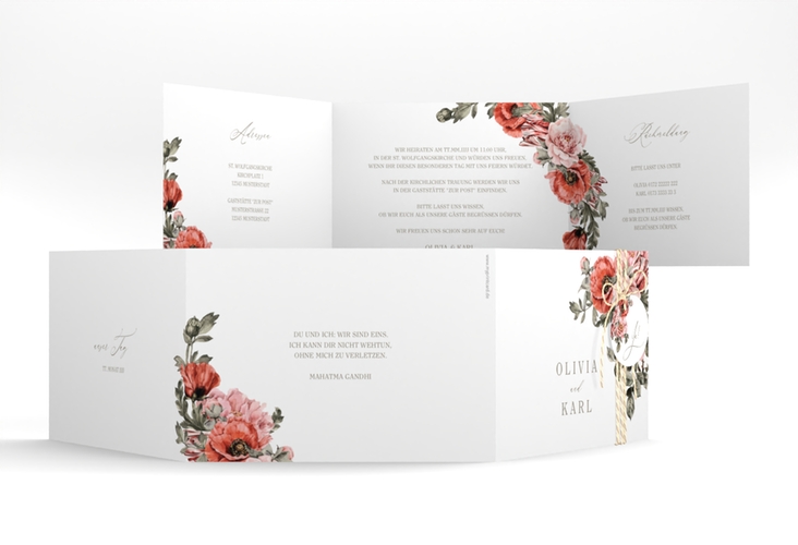 Hochzeitseinladung Grazioso A6 Doppel-Klappkarte weiss hochglanz modern mit Mohnblumen und Rosen