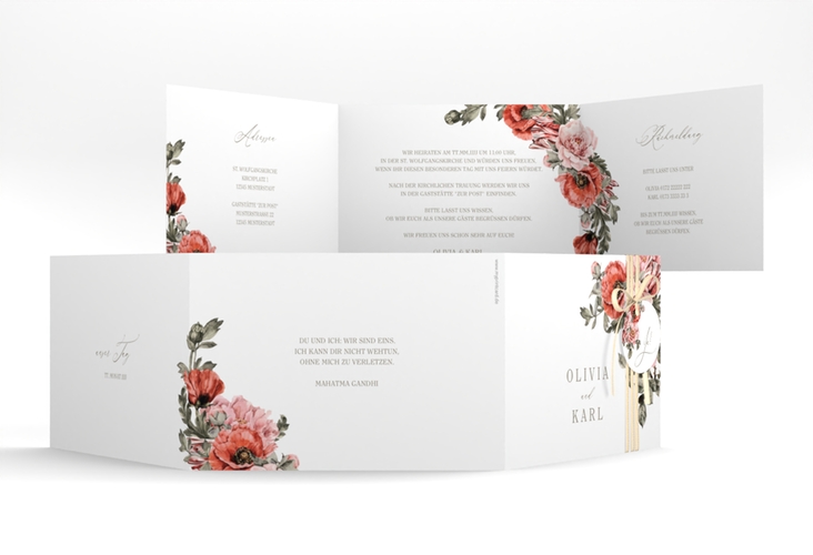 Hochzeitseinladung Grazioso A6 Doppel-Klappkarte weiss hochglanz modern mit Mohnblumen und Rosen