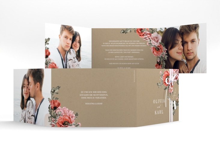 Hochzeitseinladung Grazioso A6 Doppel-Klappkarte Kraftpapier modern mit Mohnblumen und Rosen
