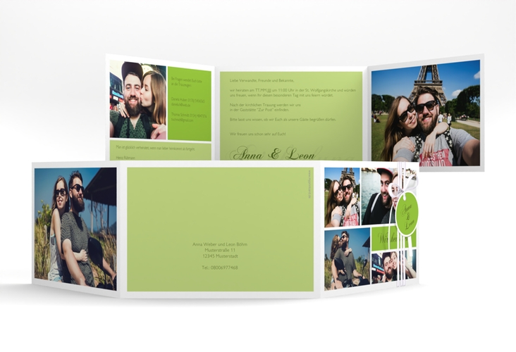 Hochzeitseinladung Collage A6 Doppel-Klappkarte gruen