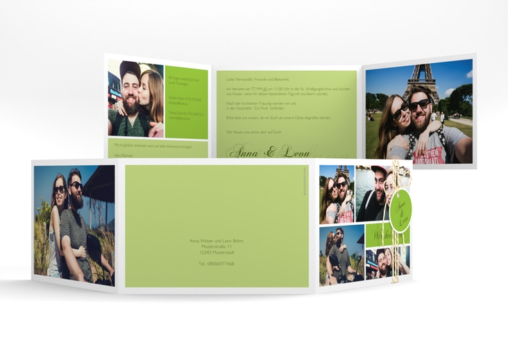 Hochzeitseinladung Collage A6 Doppel-Klappkarte gruen