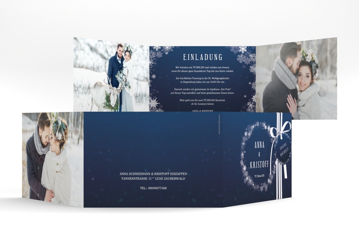 Hochzeitseinladung Winterdream A6 Doppel-Klappkarte blau mit Eisblumen