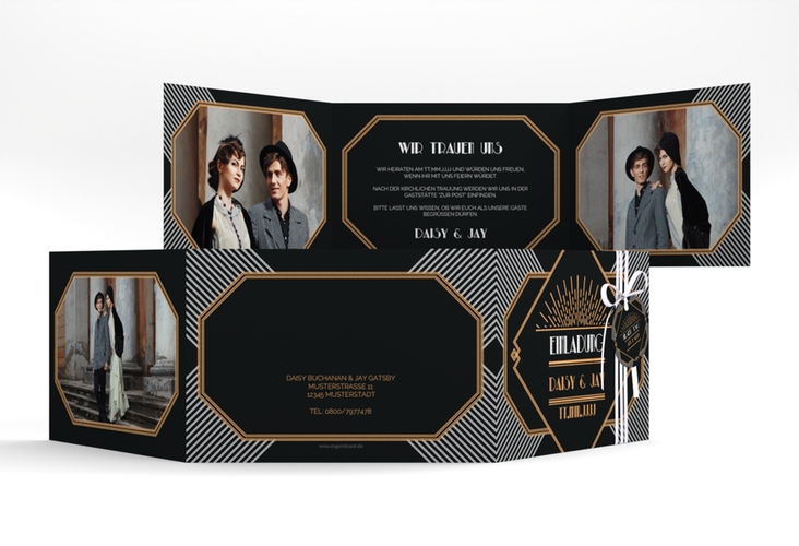 Hochzeitseinladung Gatsby A6 Doppel-Klappkarte schwarz im 20er-Jahre-Stil