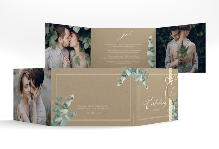 Hochzeitseinladung Eucalypt A6 Doppel-Klappkarte Kraftpapier hochglanz mit Eukalyptus und edlem Rahmen