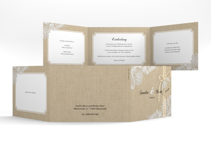 Hochzeitseinladung Lace A6 Doppel-Klappkarte beige in Leinen-Optik mit weißer Spitze