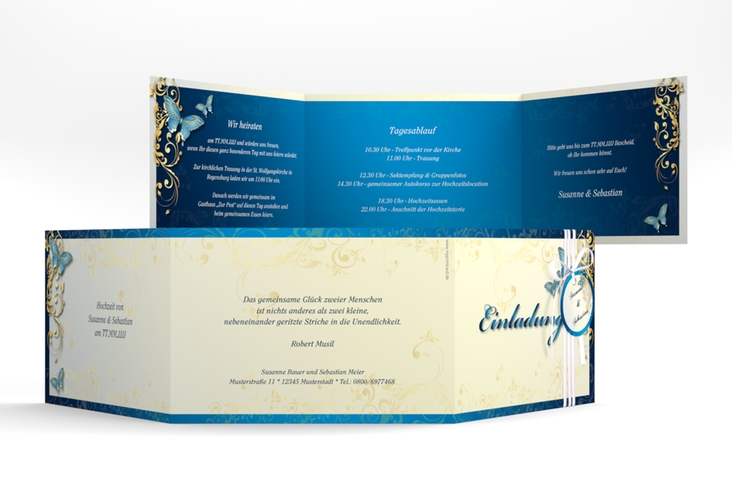 Hochzeitseinladung Toulouse A6 Doppel-Klappkarte blau hochglanz