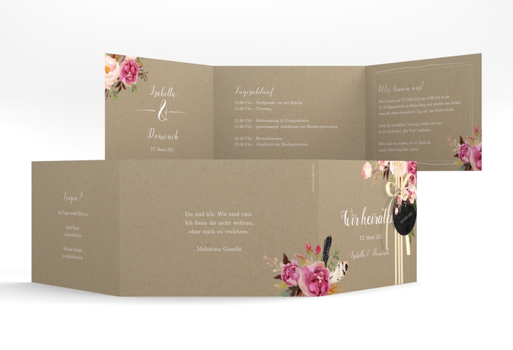 Hochzeitseinladung Flowers A6 Doppel-Klappkarte Kraftpapier hochglanz mit bunten Aquarell-Blumen