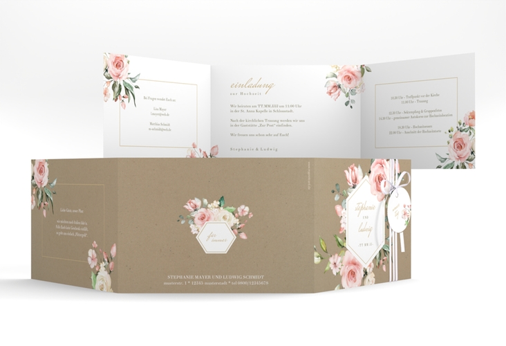 Hochzeitseinladung Graceful A6 Doppel-Klappkarte Kraftpapier hochglanz mit Rosenblüten in Rosa und Weiß
