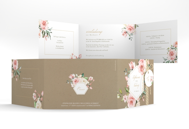 Hochzeitseinladung Graceful A6 Doppel-Klappkarte hochglanz mit Rosenblüten in Rosa und Weiß