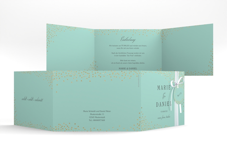 Hochzeitseinladung Glitter A6 Doppel-Klappkarte mint hochglanz