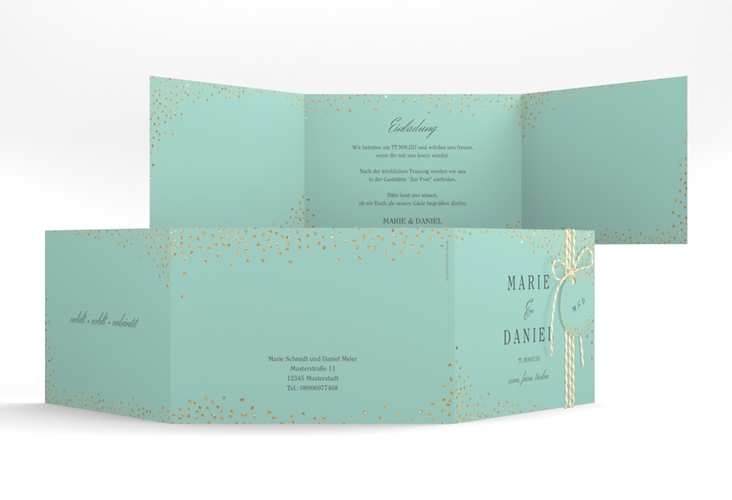 Hochzeitseinladung Glitter A6 Doppel-Klappkarte mint hochglanz