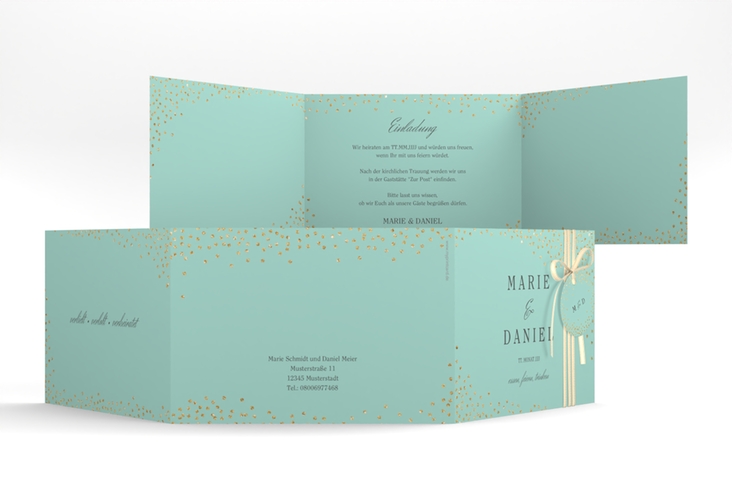 Hochzeitseinladung Glitter A6 Doppel-Klappkarte mint hochglanz
