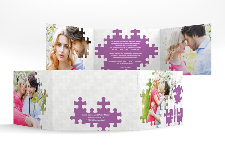 Hochzeitseinladung Puzzle A6 Doppel-Klappkarte lila