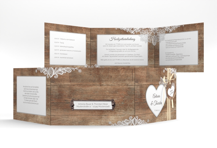 Hochzeitseinladung Spitze A6 Doppel-Klappkarte braun