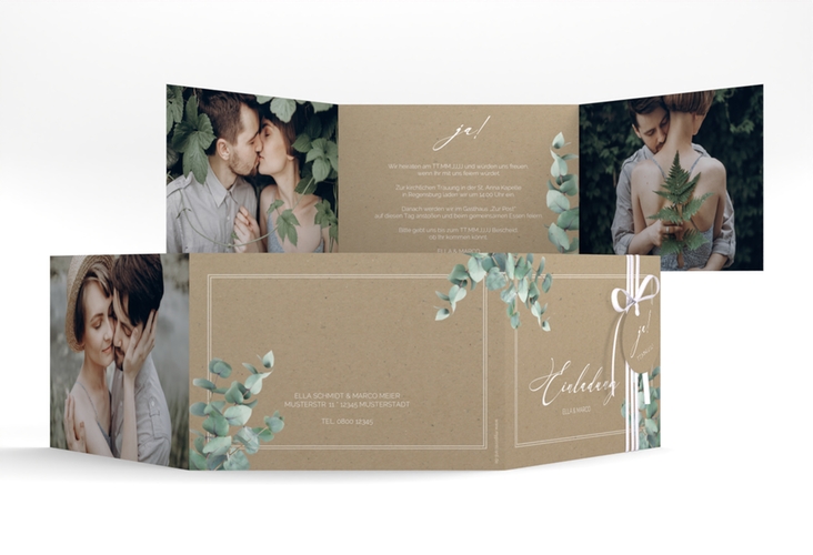 Hochzeitseinladung Eucalypt A6 Doppel-Klappkarte Kraftpapier hochglanz mit Eukalyptus und edlem Rahmen