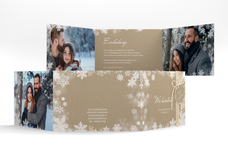 Hochzeitseinladung Snowfall A6 Doppel-Klappkarte hochglanz mit Schneeflocken für Winterhochzeit